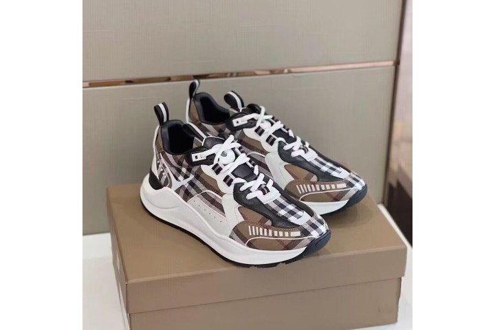 Burberry Vintage Check Cotton and Leather Sneakers Brown White