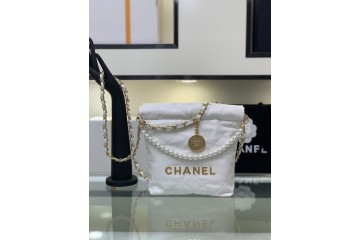 Chanel 22 Mini Handbag Shiny Crumpled Calfskin Gold-Tone Metal White