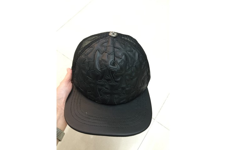 Chrome Hearts Cemetary Cross Leather Stitched Trucker Hat Black