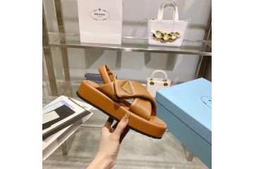 Prada Soft Padded 35mm Wedge Sandals Brown Nappa Leather